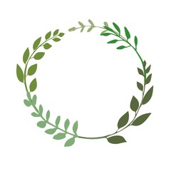 Laural or wreath made of green twigs. Round floral frame with hand drawn plants great to place any text, quote or logo. Rustic design great for summer or spring event. Vector illustration
