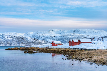winterlandscape with dramatic sky on Kvaloeya Island near Tromsoe in northern Norway, landscape photography