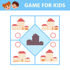 Logic  Game for kids. Find the right shadow at home. Game Printable Worksheet. Vector illustration