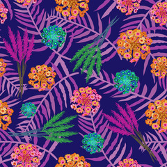 Fototapeta na wymiar Lavender Lantana -Flowers in Bloom seamless repeat pattern. Vibrant Abstract Lantana Lavender and leaves pattern background in purple,orange,blue,green,yellow and pink . Surface pattern design. Perfec
