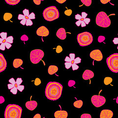 Colourful Lights-Flowers in Bloom Seamless Repeat Pattern. Abstract flowers leaves and lights vivid pattern background design in purple, pink, orange,yellow and black . Surface pattern design. Perfect