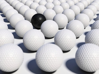 Golf balls with single black isolated on white background; perspective view, depth of field effect; 3d rendering, 3d illustration