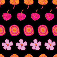Garden Colours-Flowers in Bloom Seamless Repeat Pattern. Abstract flowers and leaves vivid pattern background design in pink, orange,yellow and black . Surface pattern design. Perfect for Fabric, Scra