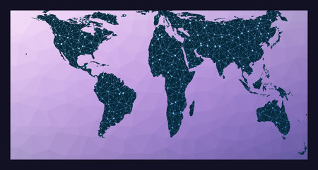 Communications map of the world. Gringorten square equal-area projection. World network map. Wired globe in Gringorten projection on geometric low poly background. Superb vector illustration.