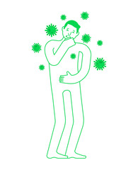 Sick coronavirus. Man and virus molecules. Flying bacteria around patient