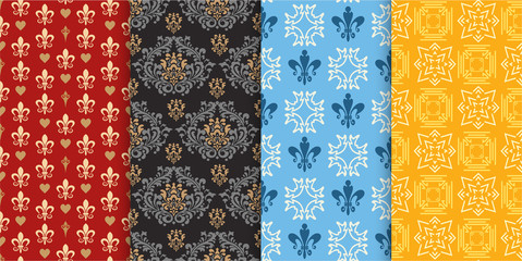 Background Patterns, Set.  Background Image in Vintage Style. Seamless Pattern, Wallpaper Texture. Colors: black, yellow, blue, brown. Vector Illustration