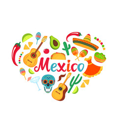 Mexico banner. Sombrero, guitar, sugar skull, cactus, guacamole, tacos. Decorations for national Mexican celebrations.