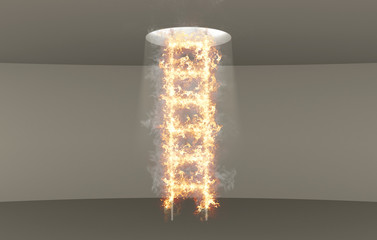 Fiery staircase going up to a hole in the ceiling from which light comes, empty room, conceptual, 3d rendering, 3d illustration	