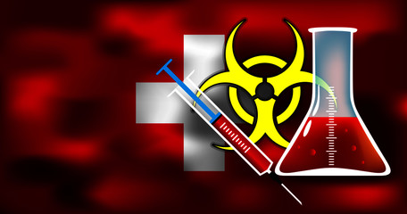 Naklejka na ściany i meble Epidemic danger in Switzerland vector conceptual medical illustration biohazard sign with syringe and glimpse on the flag background