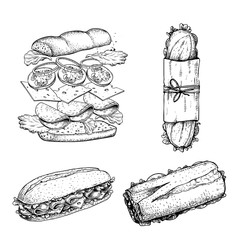 Hand drawn sketch sandwiches set. Submarine type sandwiches. Top and perspective view. Sandwich constructor. Flying ingredients. Fast food restaurant menu. Vector illustration.