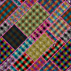 Imitation of indian patchwork pattern with texture canvas Hounds-tooth pattern. Vector seamless image.