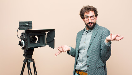 television presenter looking puzzled, confused and stressed, wondering between different options,...