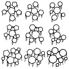 Obraz premium A set of nine illustrations of various frames made of geometric shapes. A set of pentagons and drips with smudges.