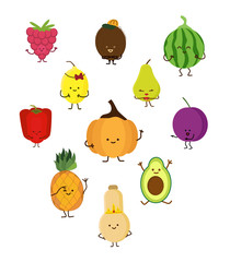 Set of fruits with cute faces vector collections. Kawaii emoji fruit clip art design. Coconut, lemon, banana, raspberry, pear,