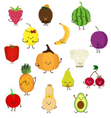 Set of fruits with cute faces vector collections. Kawaii emoji fruit clip art design. Coconut, lemon, banana, raspberry, pear,