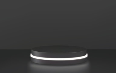 Round podium, pedestal or platform, illuminated by led spotlights. Vector illustration. Bright black podium. Advertising place. Blank product stand background for product presentation.