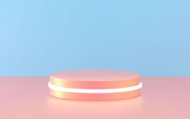 Round podium, pedestal or platform, illuminated by led spotlights. Vector illustration. Bright podium. Advertising place. Blank product stand background for product presentation.