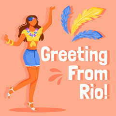 Brazil carnival social media post mockup. Greeting from Rio phrase. Web banner design template. Female in floral adornment booster, content layout, inscription. Poster, print ads and flat illustration