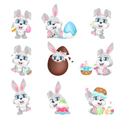 Cute Easter grey hares kawaii cartoon vector characters set. Spring holiday greeting card design elements. Adorable, funny bunnies with eggs. Happy rabbits isolated sticker, patch collection on white