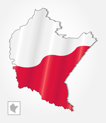 Fototapeta premium Map of Poland voivodeship Subcarpathian combined with waving Polish national flag. Silhouette or borders for geographic themes - Vector