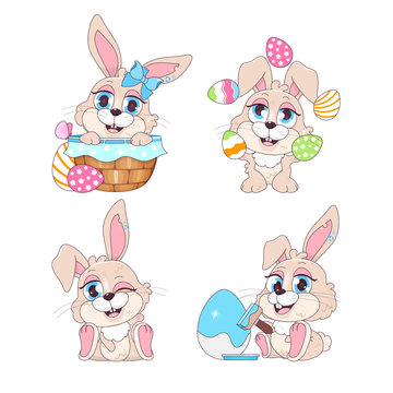 Cute playful Easter bunnies kawaii cartoon vector characters set. Pascha holiday greeting card design elements. Adorable and funny rabbits decorating eggs. Isolated sticker, patch collection on white