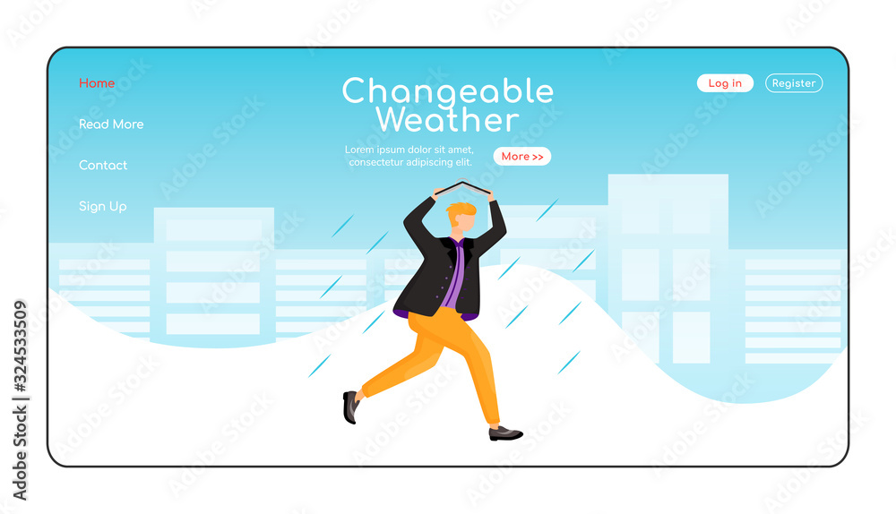 Wall mural changeable weather landing page flat color vector template. man in jacket homepage layout. rainy wea
