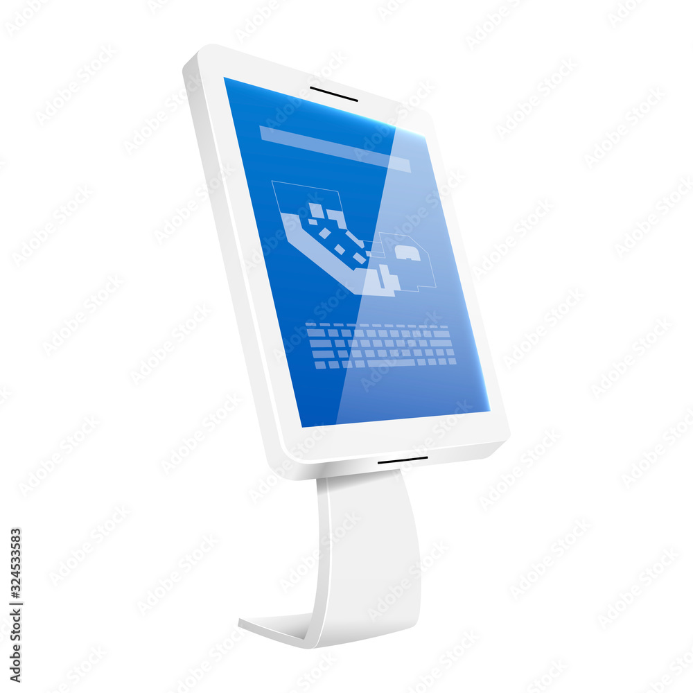 Poster information kiosk realistic vector illustration. interactive panel with touch screen interface flat 