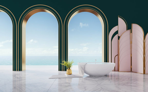Mock up interior in art deco style.Bathtub with gold vase and towel on sea view background.3d rendering
