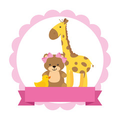 cute giraffe with teddy bear female and duck rubber vector illustration design