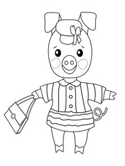 cute piggy in a dress isolated on a white background. black and white outline drawing by hand. children's poster. print. coloring book for children.