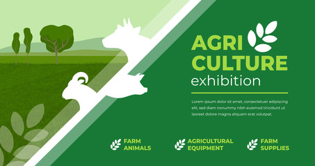 Design concept for agriculture exhibition, fair. Identity for farm animals show, livestock, agro conference. Vector illustration with sign of cow, pig, ram. Template for flyer, poster, banner, ticket - obrazy, fototapety, plakaty