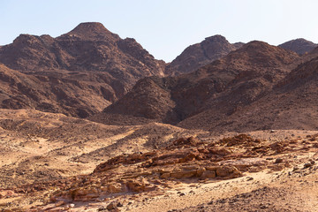 Egypt. Desert and mountains of the Sinai Peninsula. Sands, dunes, rocks and gorges. Promised land.