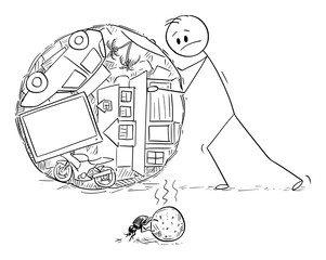 Vector cartoon stick figure drawing conceptual illustration of superficial man or businessman rolling ball of his wealth or property, and watching dung beetle doing the same with excrement.