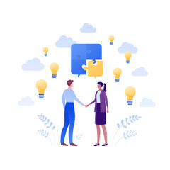 Business teamwork success concept. Vector flat people illustration. Male and female employee handshake. Puzzle and lightbulb sign. Design element for banner, poster, background.