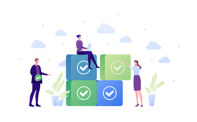 Business team task management concept. Vector flat people illustration. Businessman in suit and females with laptop and piece of puzzle. Check mark sign. Design element for banner, poster, background.