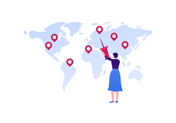 Business global tourism and media reporter concept. Vector flat person illustration. Female holding pin and map with location mark sign. Design element for banner, poster, background.