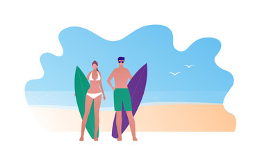 Travel to beach surfing vacation concept. Vector flat person illustration. Family surfer couple of man and woman with surf on sunny sea island. Design element for banner, background, sketch, art.