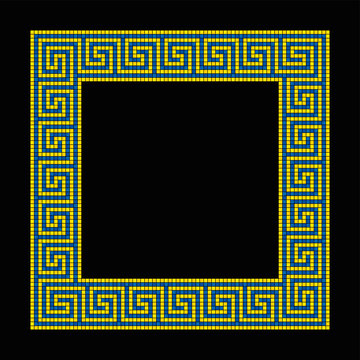 Square shaped meander mosaic, frame in yellow and blue. Frame with seamless meander pattern. Constructed from small squares, shaped into a repeated motif. Greek fret or Greek key. Illustration. Vector