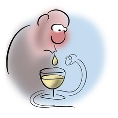 Drunk man spits in a glass of alcohol