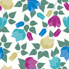 Vector Flowers in Blue Pink Yellow Aqua with Green Leaves Scattered on White Background Seamless Repeat Pattern. Background for textiles, cards, manufacturing, wallpapers, print, gift wrap and