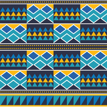 African tribal Kente mud cloth style vector seamless textile pattern, traditional geometric nwentoma design from Ghana in blue and yellow