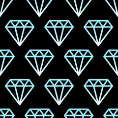 Simple gem stones blue and white on black wire framed diamond crystals seamless pattern, vector