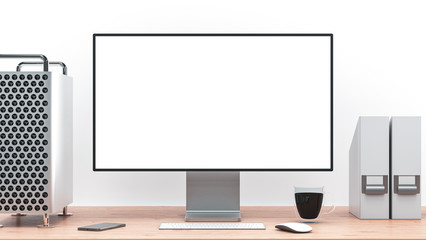 Computer PC with blank monitor screen, workplace with keyboard on desk, coffee, smartphone in office building interior