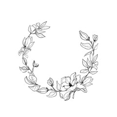 Wreath of Flowers of Magnolia with  Leaves. Romantic floral arrangement.  hand drawing outline elements. Graphic Texture. Decoration for Greeting, Wedding, Inviting design.  Black and White 