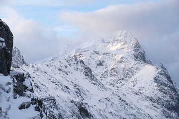 Fototapeta na wymiar Peaks of norway. Typical lofoten islands landscape During winter. lofoten is a dreamy destination for photographers with a lot of mountains and beaches.