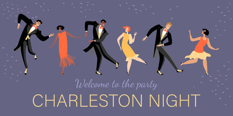 Young people in vintage costumes dance Charleston. 1920s style retro party