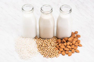 Plant Based Food. Almond, Soya or Soy and Rice Organic Fresh Milk. Non Dairy Vegan Food
