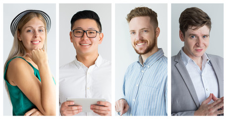 Fototapeta premium Group of smiling business people looking at camera. Multiscreen montage, split screen collage. Confidence concept