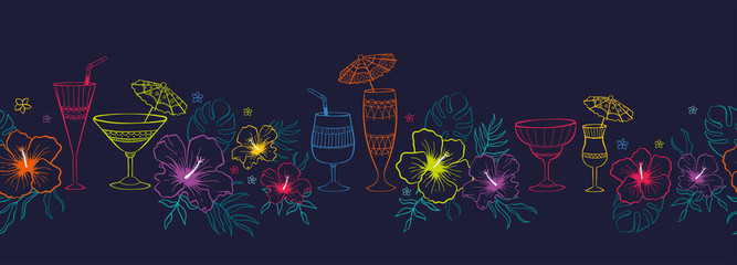 Cute hand drawn exotic flowers and cocktails horizontal seamless pattern, tropical background, great for banners, textiles, wallpapers, wrapping - vector design