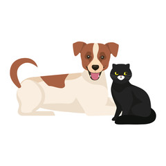 cute dog with cat black isolated icons vector illustration design